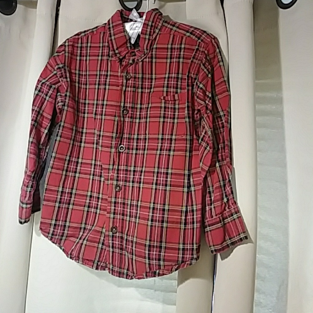 Plaid button-down, long sleeved shirt.